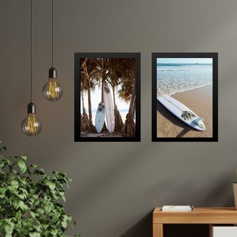 Kit 2 Quadros Coleção Praia Pranchas de Surf 24x18cm:madeira Branca