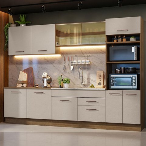 Armário de Cozinha Completa 310 Cm Rustic/crema Agata Madesa 01