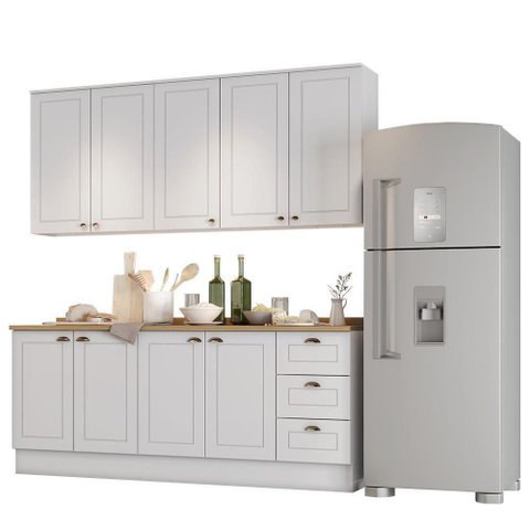Cozinha Americana 4 Peças com Balcão 120cm e Tampo 9 Portas 3 Gavetas Branco-Nature Móveis Henn