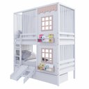 Ver imagem 2 de Beliche Casinha Reta com 02 Janelas 02 Gavetas Cortina e Escorregador Madeira Maciça Branco/ Rosa
