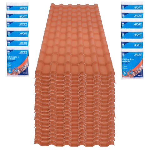 Kit 20 Telhas PVC Plan Cerâmica 2,42m x 88cm 6 Ondas Terracota + 240 Peças para Vedação e Fixação - 