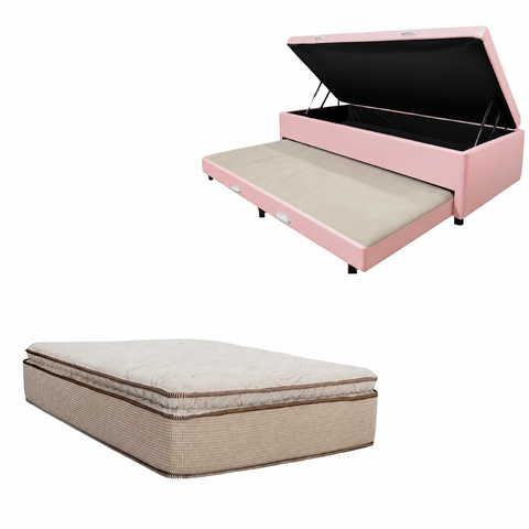 Cama Box Baú Solteiro Bicama + Colchão Cloud 32 cm Corino Rosa sem Cabeceira