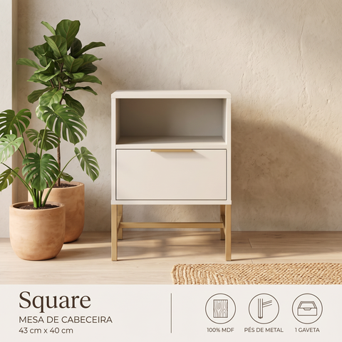 Mesa de Cabeceira Square 1 Gaveta 1 Nicho 100% MDF Pés de Metal 43 cm X 40 cm Off White Suave