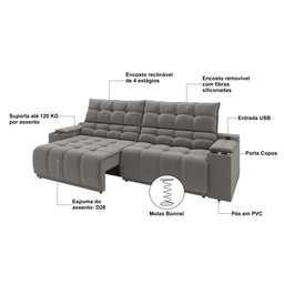 Sofá Connect Premium 2,00m Assento Retrátil/reclinável com Porta Copos e Entrada Usb Suede Cinza - 3