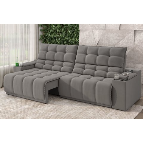 Sofá Connect Premium 2,00m Assento Retrátil/reclinável com Porta Copos e Entrada Usb Suede Cinza