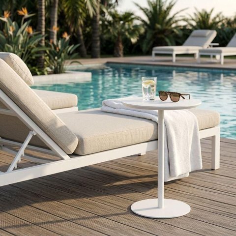 Mesa Lateral Redonda MDF Aço 30cm Branco Acetinado Kolla Mobília