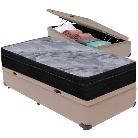 Cama Box Baú Bege e Colchão Airtech Pampa Molas Ensacadas Solteiro Ortobom