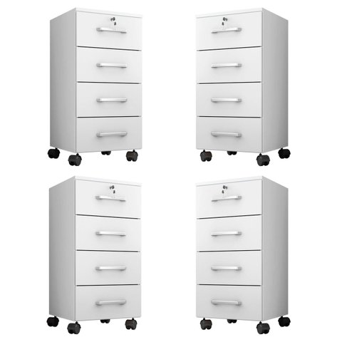Kit 4 Gaveteiros para Escritório com Chave e Rodízios 4 Gavetas Gávea Branco