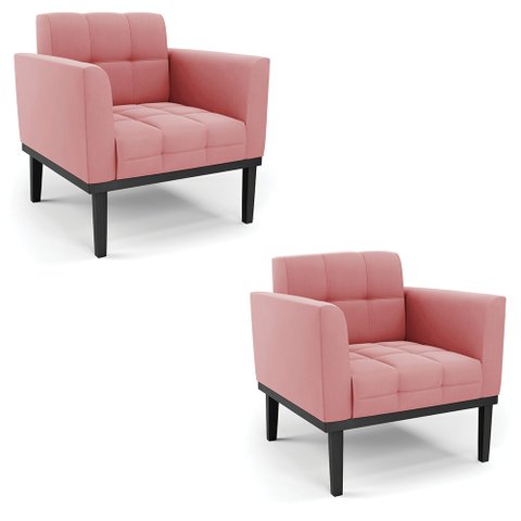 Kit 2 Poltronas Decorativas Karen Pés Fixo em Madeira Preto Suede Rose G19 - Gran Belo