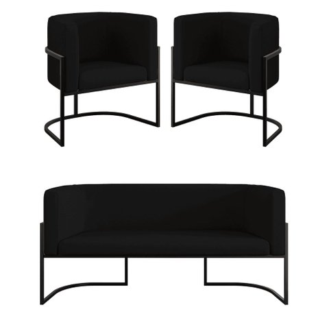 Kit 2 Poltronas + Sofá 2 Lugares Base de Metal Black Veludo Cor:preto