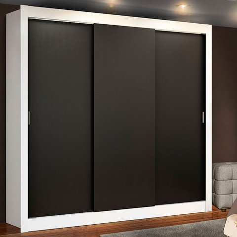 Guarda-Roupa Casal Madesa Lyon 3 Portas de Correr 2 Gavetas Branco/Preto Cor:Branco/Preto