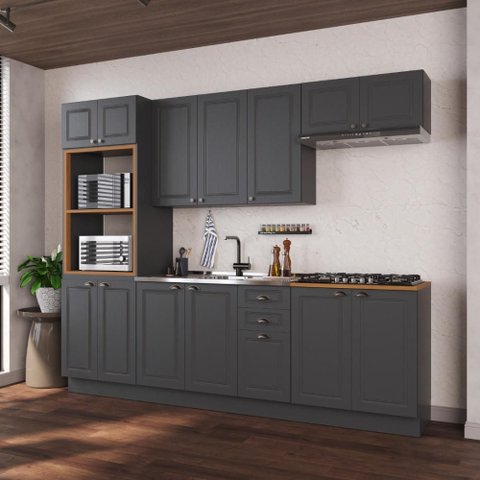 Armário de Cozinha Modulada Completa Fidelitá Nara 100% MDF 5 Peças 270cm 14 Portas 2 Gavetas sem