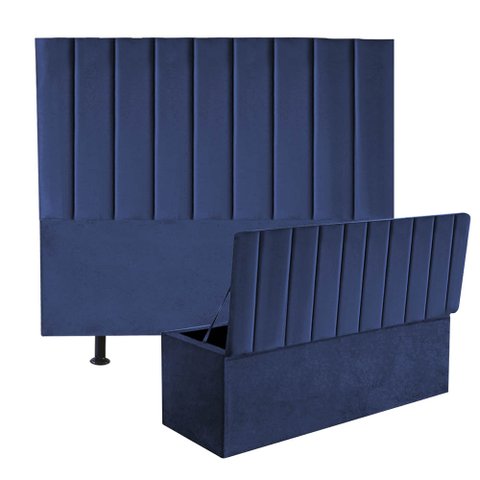 Kit Cabeceira e Calçadeira Baú Solteiro 100cm Cancun Suede Azul Marinho - D A DECOR