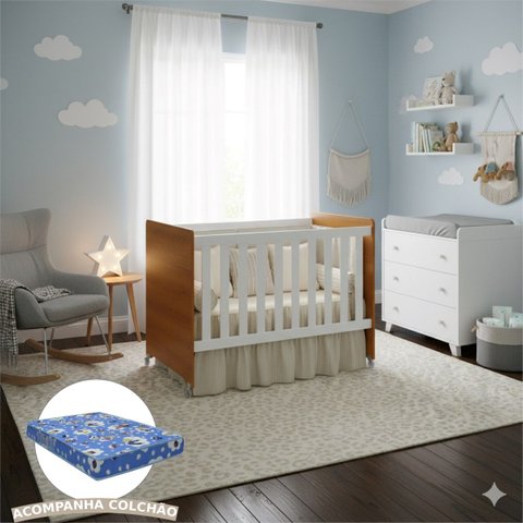 Berço Americano Evolution Multifuncional 4 em 1 com Colchão - Reller - Branco Fosco/ Savana
