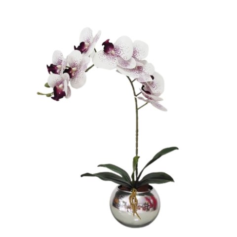 Arranjo No Vaso Prata Flores Artificial Orquideas Realista