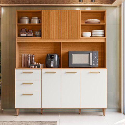 Armário de Cozinha Compacto 160cm Sicília Largo 6 Portas 2 Gavetas Freijo Ripado Off White Poliman