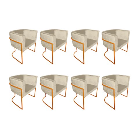 Kit 8 Poltronas Decorativa Sala de Estar Base de Ferro Cobre Veludo Bege