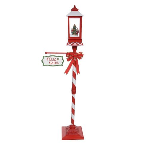 Poste de Natal Animado com Cenário Som e Neve Vermelho e Branco 1,5m