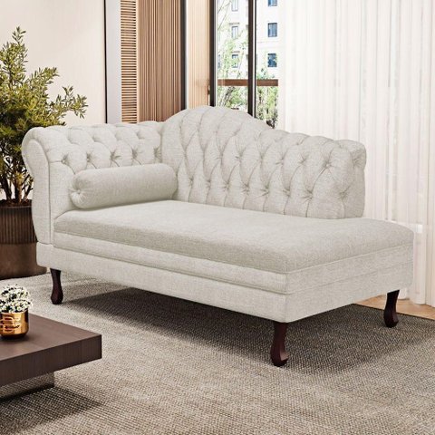 Divã Recamier Lavínia Clássico 120cm Capitonê com Pés de Madeira Linho Bege - Desk Design