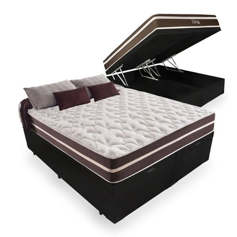 Cama Box Baú King 193 Tecido Sintético Preto com Colchão Little Angel - Bello Box - Mola Superlastic