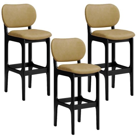 Kit 3 Banquetas Alta Bar Cozinha Sala Jantar Fixa Betta L02 Preto Couríssimo Casco Fendi - Lyam
