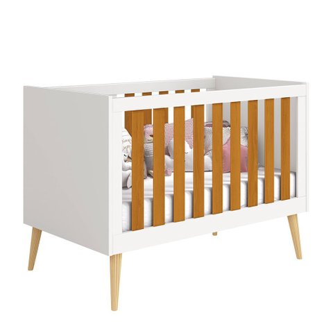 Berço Mini Cama Noah com Pés em Madeira Natural- Branco e Savana Reller