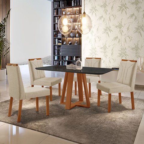 Conjunto Sala de Jantar Mesa Floripa Madeira Maciça 140x80cm Tampo Retângular Vidro Preto com 4 Cade