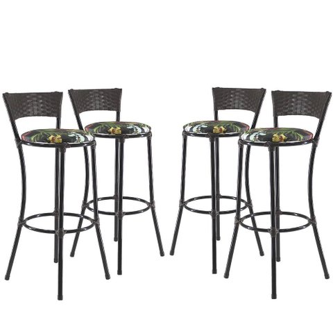 Kit Com 4 Banquetas Alta Forts Fibra Uv Bancada, área Goumert, Bar, Piscina, Balcão, Preto Floral