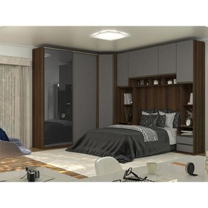 Guarda Roupa de Canto Casal com Vidro Reflecta Nogueira Dourado com Cinza Puro Prime Luciane Móveis