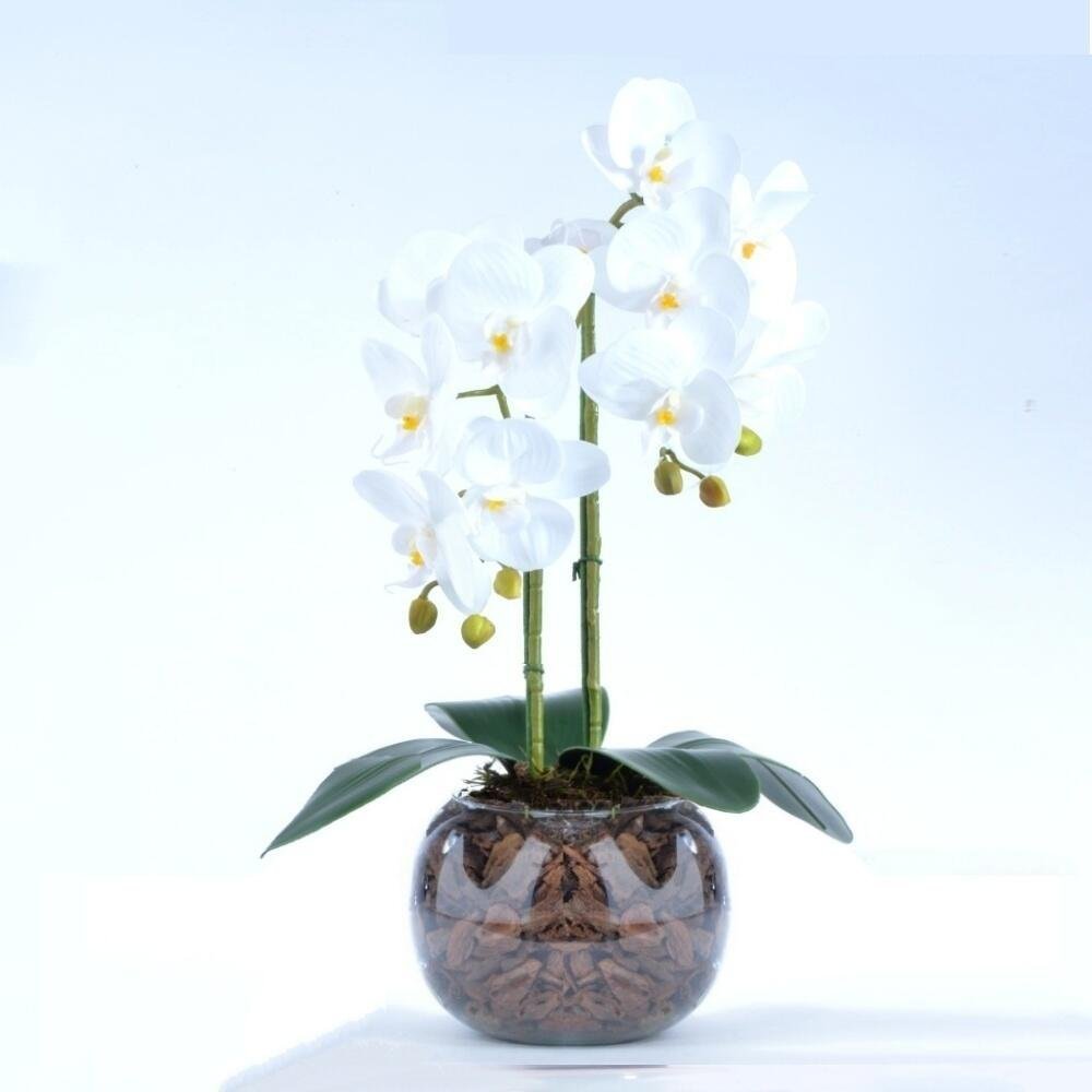 Arranjo 2 Orquídeas Artificiais Brancas em Vaso Incolor Julia
