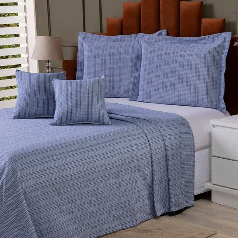 Colcha Cobre Leito King 5p Tecido Rústico Topázio com Capa de Almofada Azul