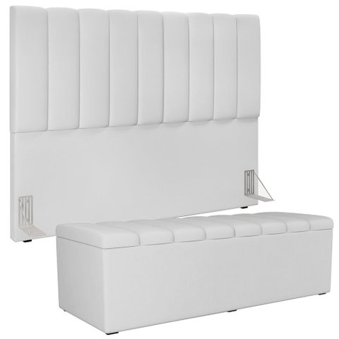 Kit Cabeceira Cama Box Casal King 195cm com Calçadeira Baú Dália W01 Facto Branco - Lyam Lyam Decor