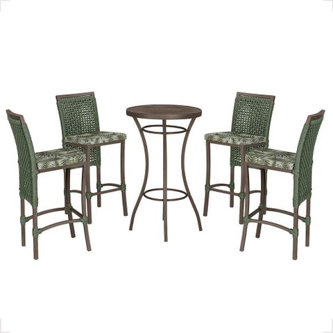 Mesa Bistrô e 4 Banquetas Roma Marrom Corda Estofado 5 Trama Verde