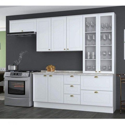 Cozinha Compacta Modulada 5 Peças 2 Portas de Vidro Emily Espresso Móveis Branco/HP/Calcare