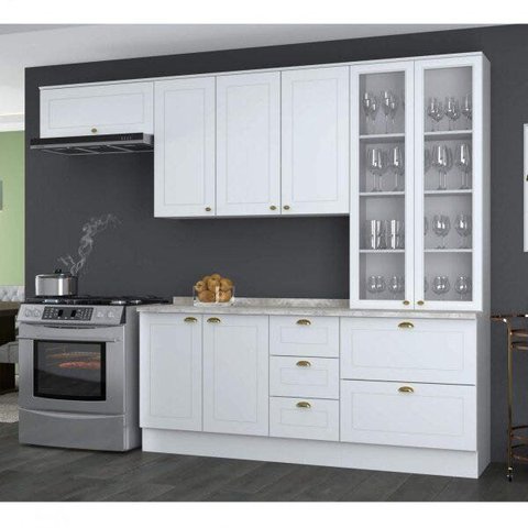Cozinha Compacta Modulada 5 Peças 2 Portas de Vidro Emily Espresso Móveis Branco/HP/Calcare