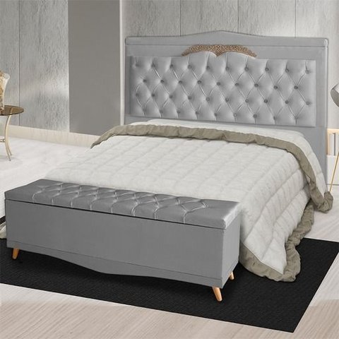Kit Cabeceira de Cama Box e Calçadeira Baú Madri King 195 Cm Suede Prata do Lar Móveis e Decoração