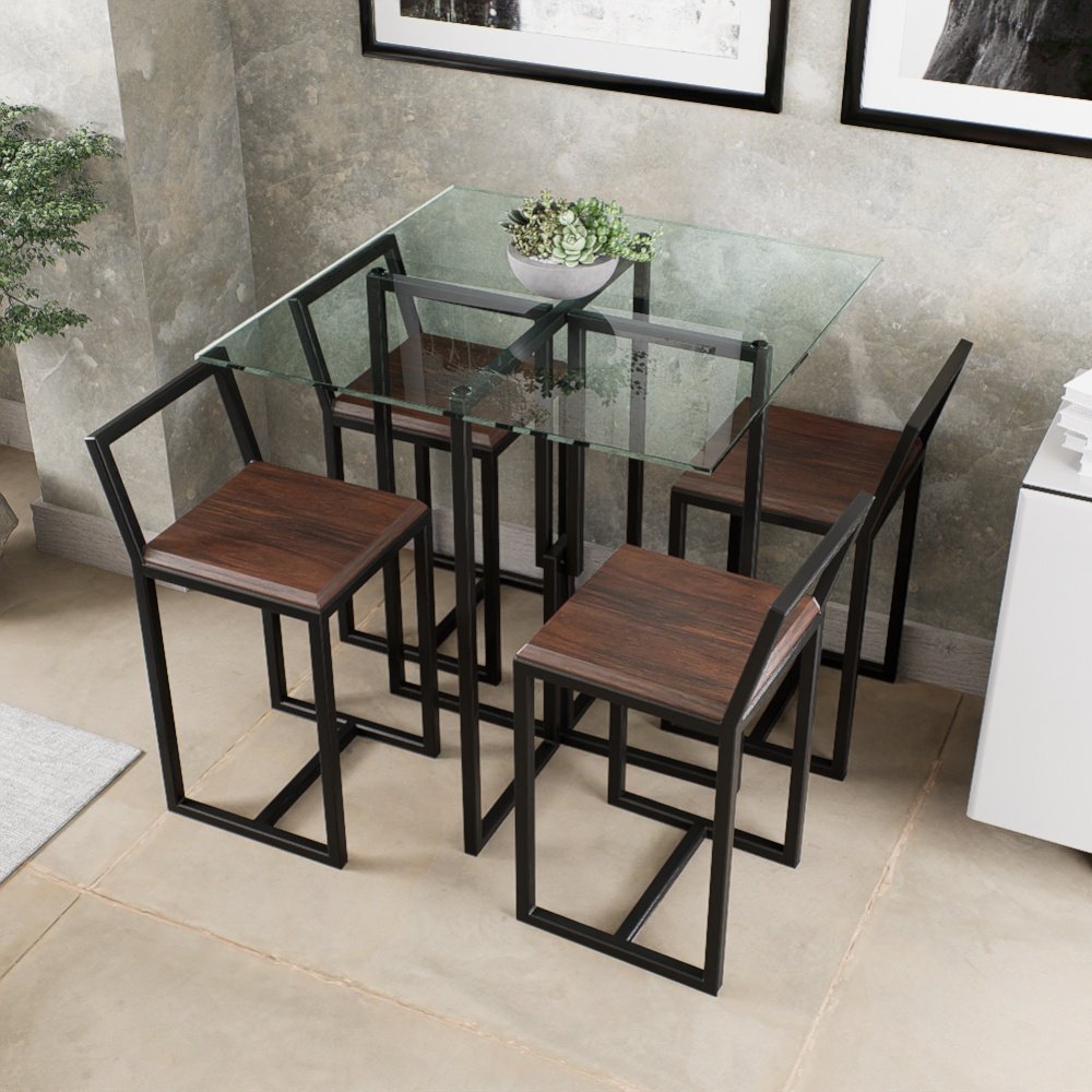 Conjunto Mesa Vidro 4 Cadeiras Pequena Imbuia Industrial Black