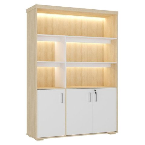 Estante Escritorio com LED 3 Portas Tampo Tamburato 193x136 cm Carvalho Branco Artany