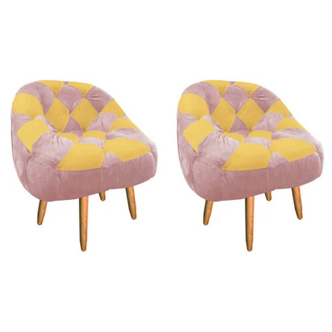 Kit 02 Poltrona Paloma Escritório Sala Pé Palito Suede Rosa Bebê e Suede Mostarda - DOMINIC DECOR
