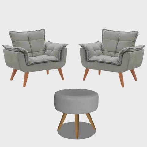 Kit 2 Poltronas Opalas com Puff Redondo Suede Cinza