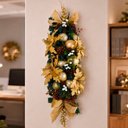 Ver imagem 1 de Arranjo Natalino de Parede Dourado Enfeite Bolas Flores 90cm