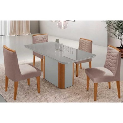 Sala Jantar Mesa Pietá Tampo C/ Vidro Curvo 120cm+4 Cadeiras Maldivas Naturale/off White - Linho