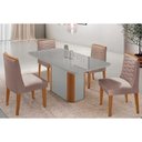 Ver imagem 1 de Sala Jantar Mesa Pietá Tampo C/ Vidro Curvo 120cm+4 Cadeiras Maldivas Naturale/off White - Linho
