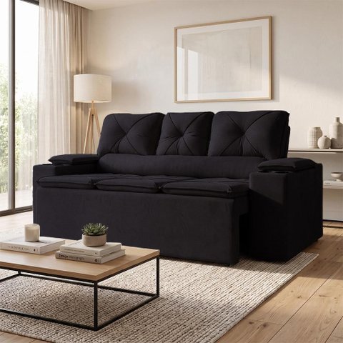 Sofá com Porta Copos Retrátil e Reclinável Siena 2,05m Velosuede - Netsofas - Preto