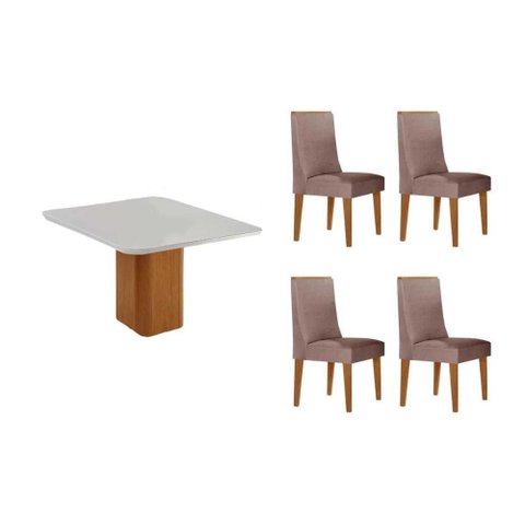Sala de Jantar Completa Maldivas C/ Tampo Madeirado C/ Vidro Canto Curvo 90x90cm e 4 Cadeiras Dakota