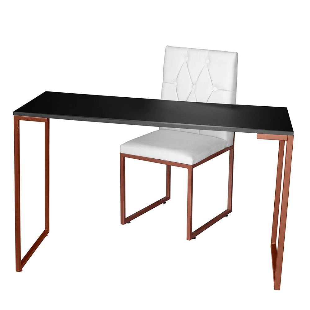 Kit Home Office Mesa Para Escritorio com Cadeira Malta Ferro Bronze Corino Branco - Móveis Mafer