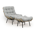 Ver imagem 1 de Poltrona Decorativa Costela com Puff Base Metal Linho - Cinza Claro