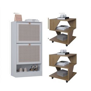 Kit Sapateira Spin Tropical 2 Portas e 2 Mesas de Cabeceira/centro Branco e Carvalho Poquema