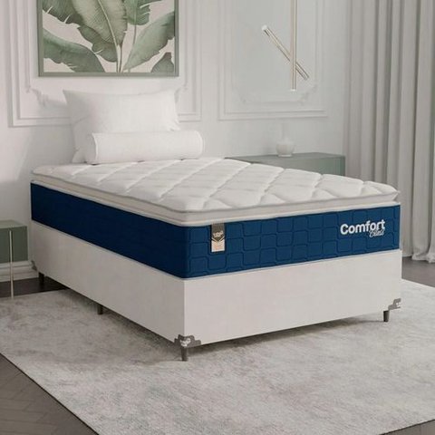 Cama Box Viúva + Colchão Comfort Class Pillow Top 128x188 Azul/suede Branco
