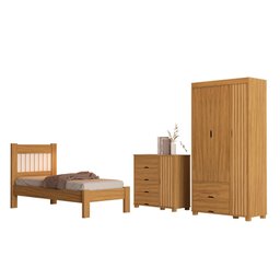 Quarto de Solteiro Cama Mdf com Cômoda 4 Gavetas 1 Porta e Guarda Roupa 3 Portas 2 Gavetas Nature - 4